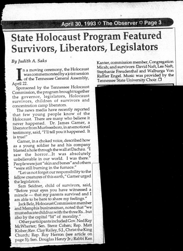 Walburga participated in a Holocaust commemoration at the Tennessee State Legislature, April 22, 1993. The Observer, 4.30.93.