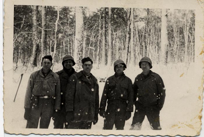 Willie Hall, third from left, pictured with other American soldiers during their last winter in Europe, 1945.