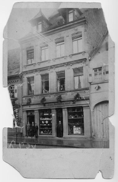 Hanna Hamburger’s childhood home in Eppingen, Germany, in the 1920s. Her family lived on the second and third floor of the building. The family business, a hardware store started by her grandfather and great grandfather, was on the bottom floor.