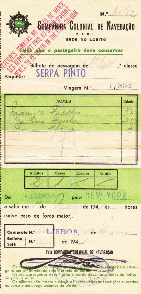 Boat pass used in 1941 to travel from Lisboa to New York