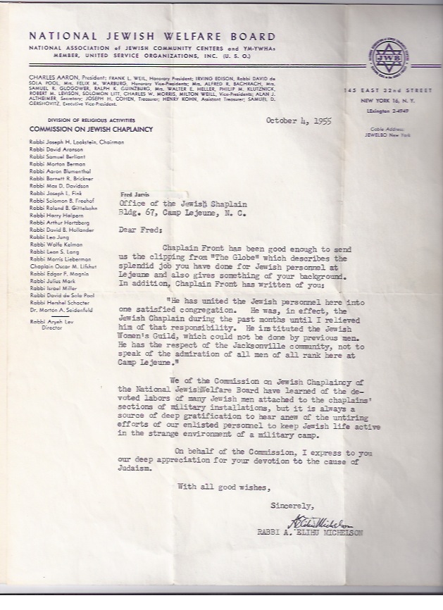 Manfred Judas received this letter of thanks from Rabbi Michelson and the national Jewish Welfare Board, written October 4, 1955, for his services as chaplain. Fred used his original name Manfred Judas while in the Marine Corps. He changed his name once again to Fred Jarvis to avoid antisemitism later, as seen pasted onto this document.