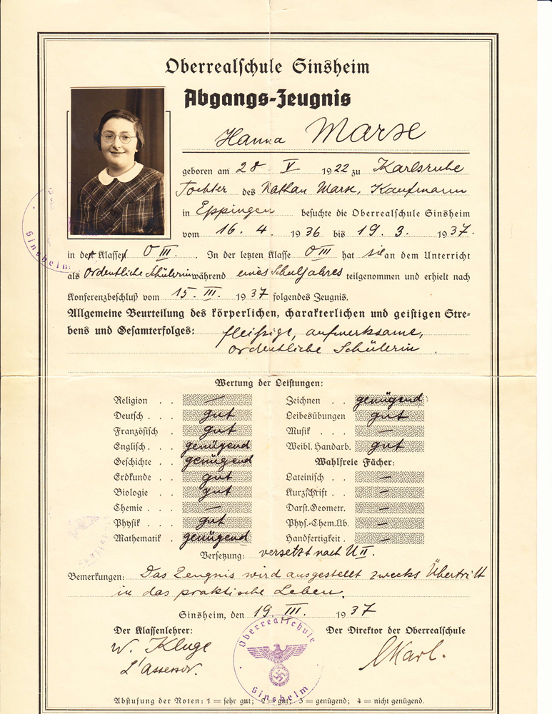 Hanna Hamburger report card: 1937