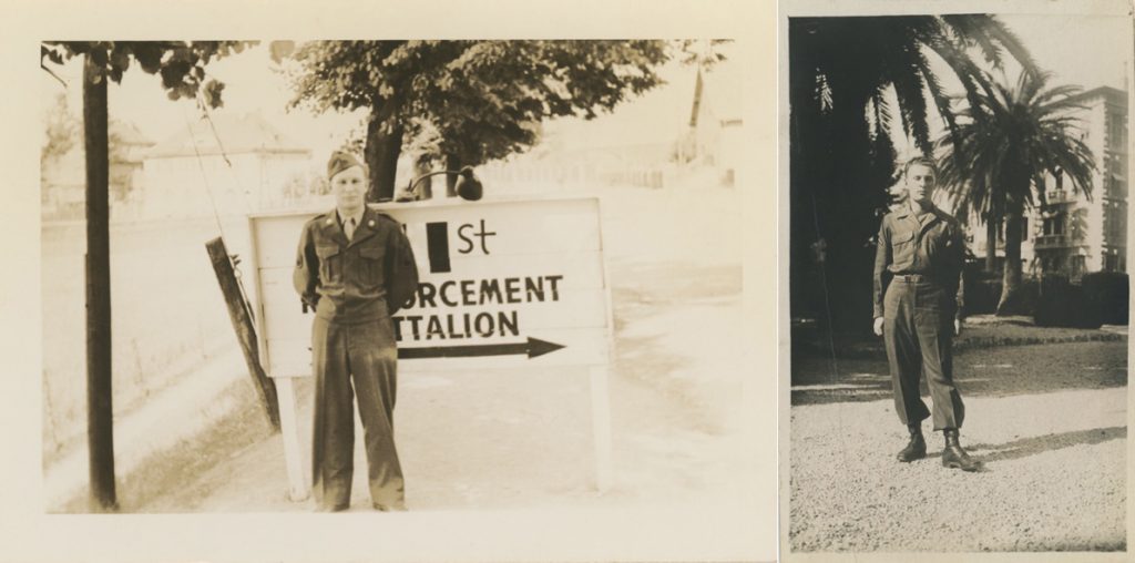Herman Kaplan attended basic training in U.S. Army Camp Blanding, Florida and at Fort Benning. He’s shown in front of the 41st Reinforcement Battalion sign.