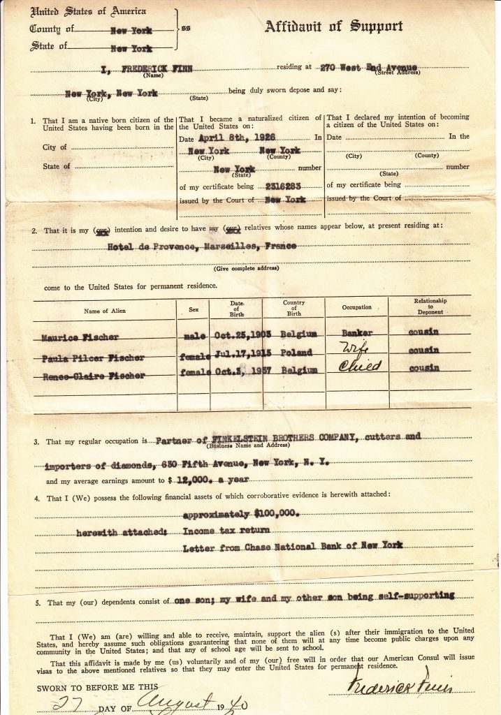 Affidavit of Support for American Citizenship in NY in 1926