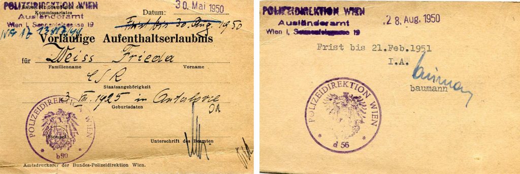Prelimary Permit to Stay, May 30, 1950, Foreign Affairs, Austria.