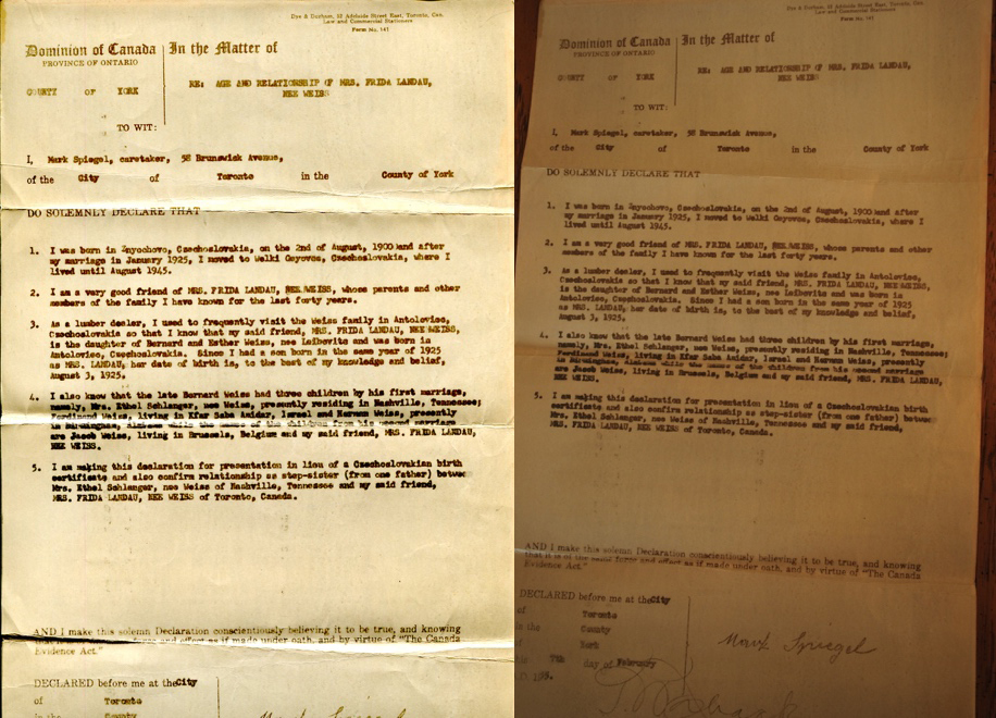 Relationship and Date and Place of Birth documentation from Mark Spiegel, Frida’s cousin in Toronto, February 7, 1955.