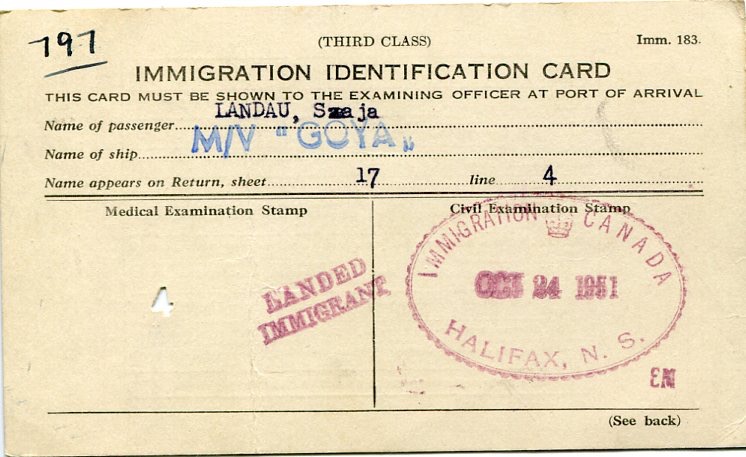 Sam (Shaja) Landau’s ID card issued aboard the ship to Canada, Goya.