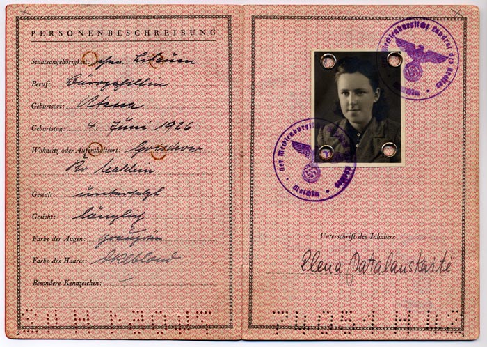 First page of Nessy Marks' provisional passport, showing her false identity as Elena Patalauskaite.