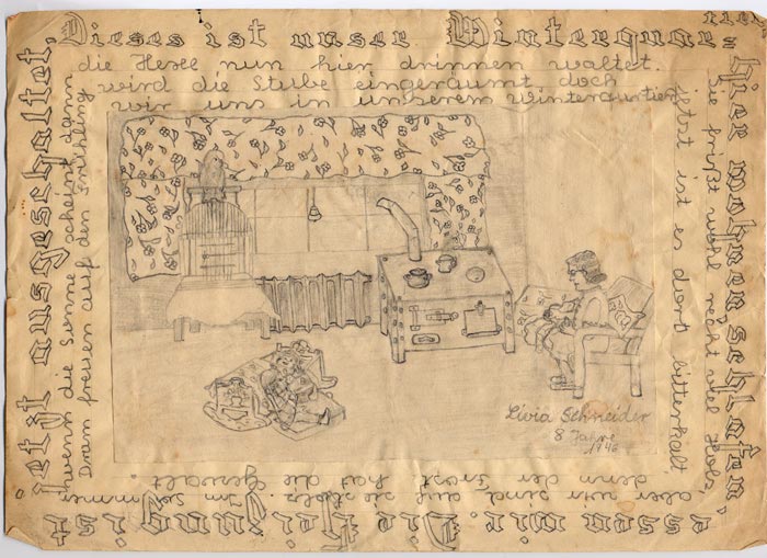 Drawing created by Olivia Newman when she was eight years old and living in Hamburg. Her mother is pictured on the right, knitting, and her pet parrot, Lora, can also be seen on the left by the window.