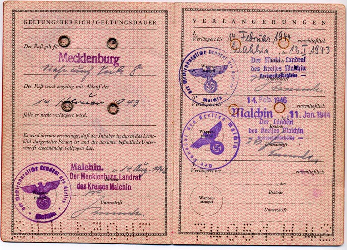 Open view of Nessy Marks' provisional passport, showing her false identity as Elena Patalauskaite. Three Nazi stamps can be seen on this document. The pass is valid for Mecklenburg.