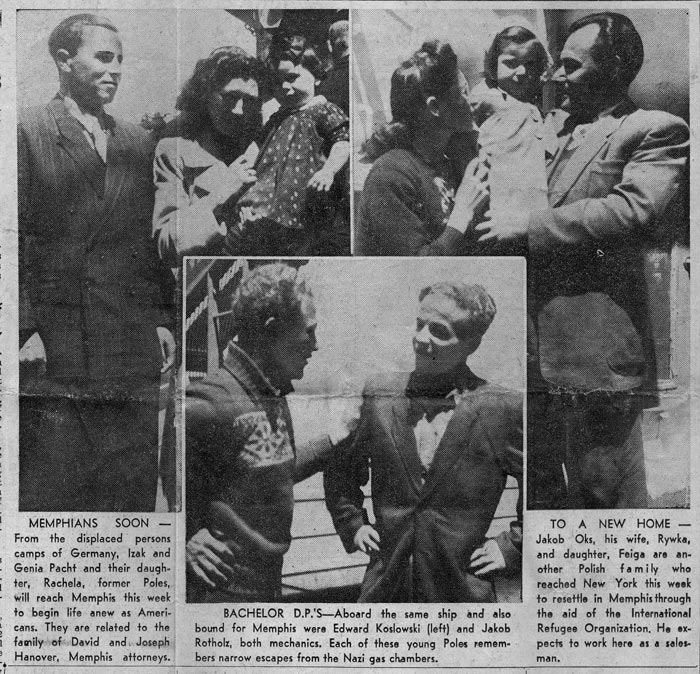 Article in the newspaper about Reva Oks and her family's arrival to the United States. The assistance of an International Refugee Organization helped the family come to America.