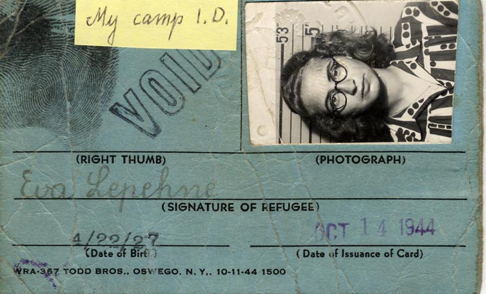 Eva Rosenfeld's camp ID card during her stay in 1944 at Fort Ontario, a camp in New York.