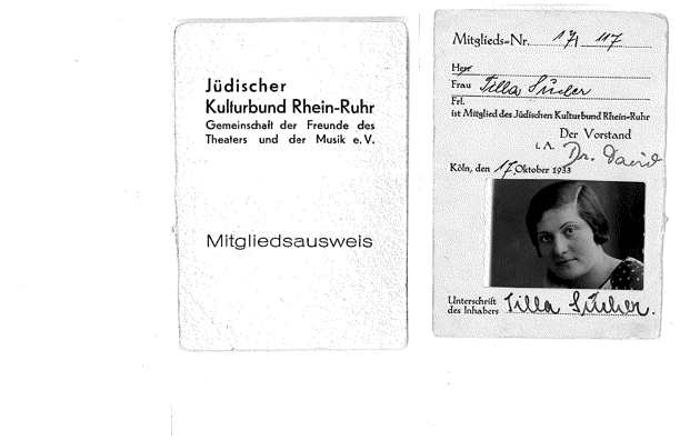 In 1933, Tilla Sucher belonged to a Jewish youth group. This is her identification card for the Judischer Kulturbund Rhein-Ruhr.