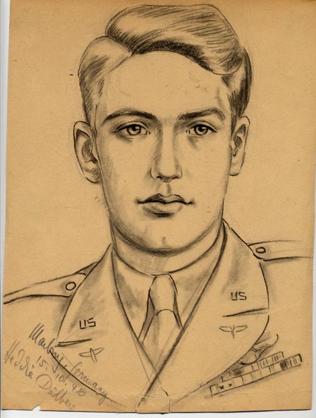 An artist's portrait of Raymond Sandvig from 1946. Sandvig was in Marburg, Germany, on his way to Munich.