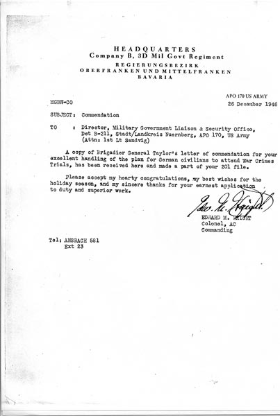 A letter of commendation, from December 26, 1946, praising Sandvig's service during the Nuremberg trials. Sandvig served as a military liaison during the doctor trials.
