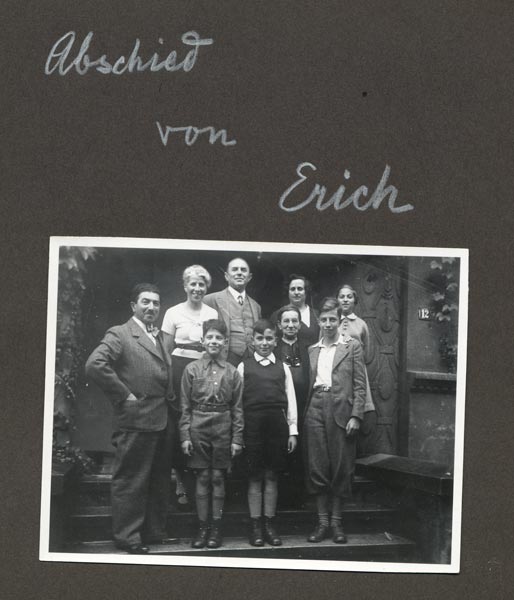 Family portrait of Fred Westfield, showing from left to right, clockwise, his Uncle Max, mother Grete, father Dietrich, Aunt Rosel, cousin Hannah, brother Erich, Grandmother Jenny, brother Michael, and Fred, when he was originally called Fritz. The family is pictured in front of their house in Essen, Germany, in 1936, right before Erich left for the U.S.