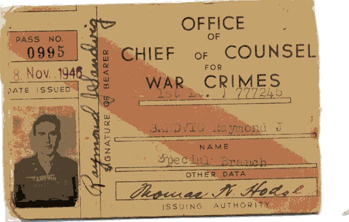 Raymond Sandvig's military identification card that would allow him access to the Nuremberg trials of Nazi doctors who experimented on live victims. Sandvig was twenty six years old when this pass was issued in 1946.