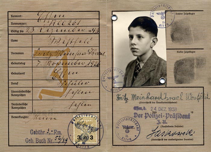 Fred Westfield's ID card issued in 1938. The large letter J can be seen on the left, which stood for Jude, or Jew. When given such identity cards, all Jews were given a new name: Israel for boys, and Sara for girls. On August 17, 1938, German officials decided that Jews in Germany must assume these new names by January 1, 1939. Westfield's real name was Fritz Meinhard Westfield.
