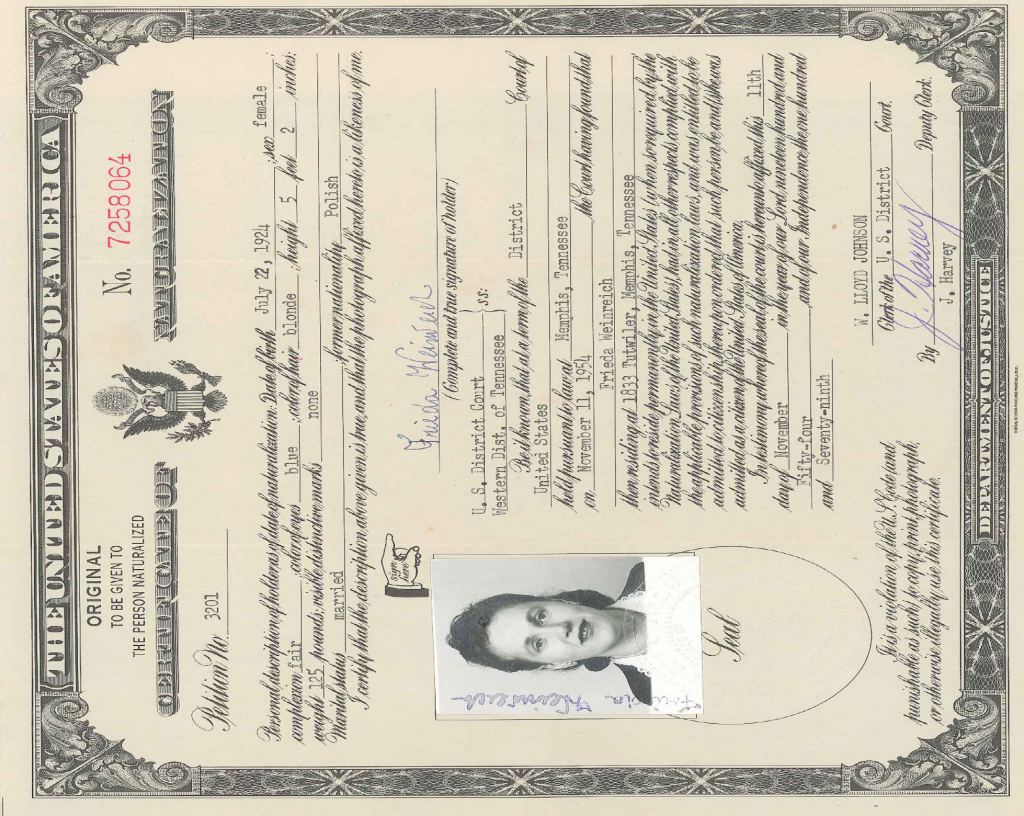 Frieda Wienreich becomes a United States Citizen in 1954. Shown is her naturalization paper.