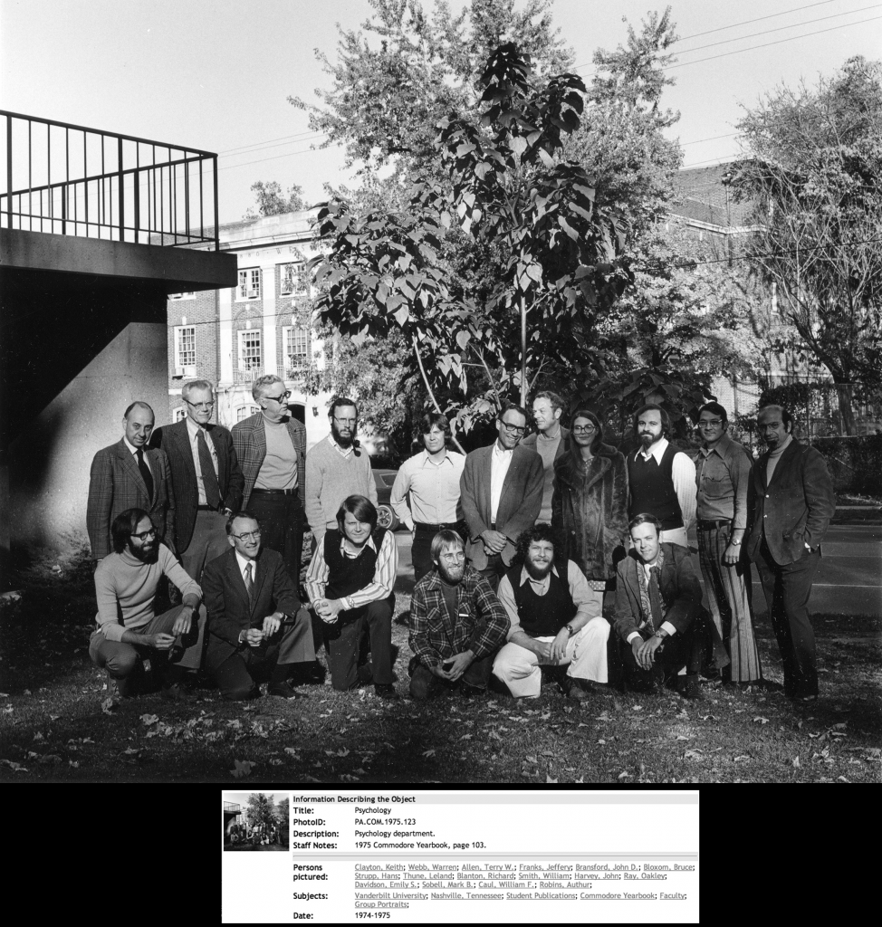 Psychology Department, 1975 Commodore Yearbook, Vanderbilt University. Hans Strupp is standing far left. Courtesy of Vanderbilt University Special Collections and University Archives.