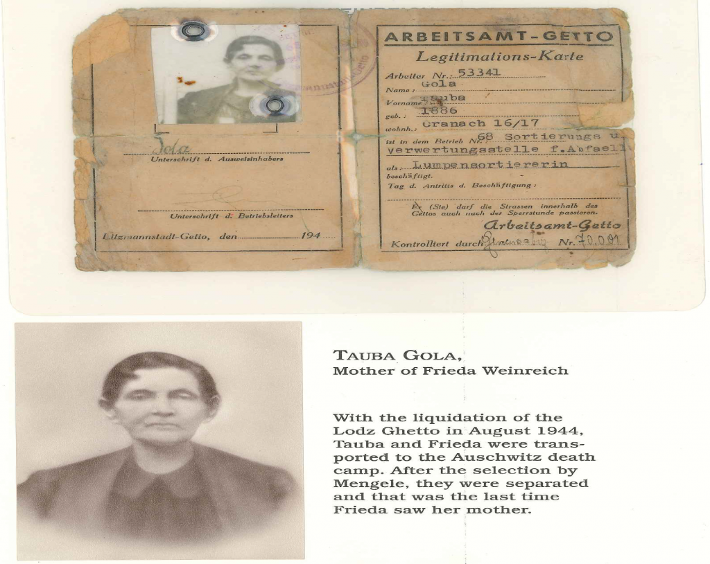 Identification card of Tauba Golda (Frieda's mother). After the liquidation of the Lodz Ghetto. Frieda and her mother were transported to Auschwitz. They were separated at the selection and Frieda never saw her mother again.