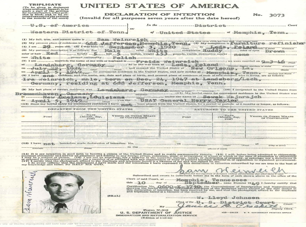 Immigration document of Sam Weinreich and family to Memphis, Tennessee, from Landsberg via Bremenhaven and New Orleans.