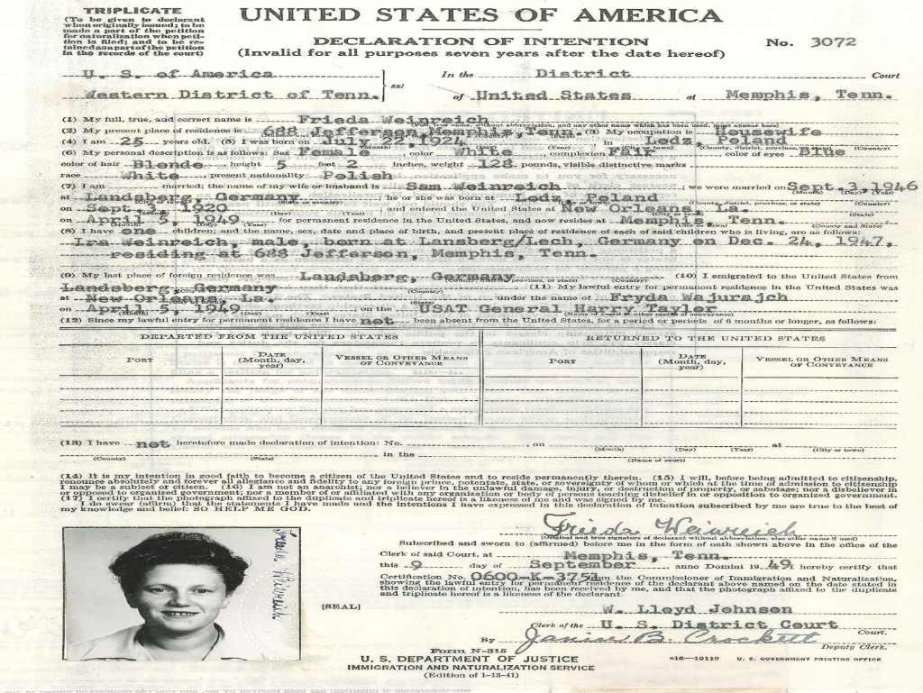 Immigration document of Frieda Weinreich to Memphis, Tennessee, from Landsberg via Bremenhaven and New Orleans.