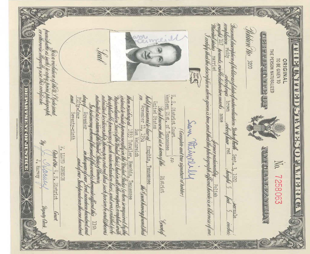 Sam Wienreich becomes a United States Citizen in 1954. Shown is his naturalization paper.